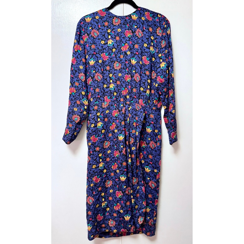 Vintage 90s Liz Claiborne Blouson Midi Dress 10 Purple Dark Floral Cocktail Fall